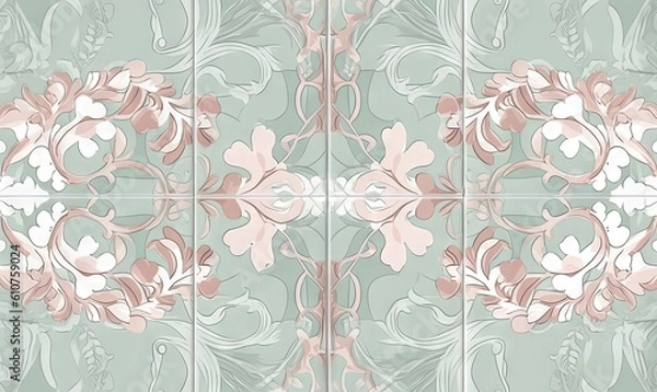 Fototapeta  a pink and green floral pattern on a tile wall with a pink flower in the middle of the tile, and a pink flower in the middle of the middle of the tile.  generative ai