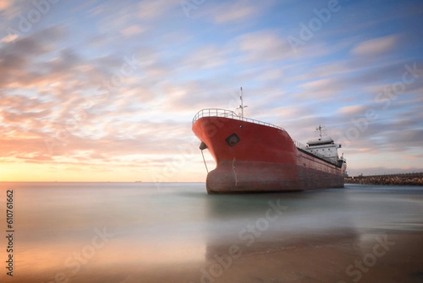 Obraz A run ashore ship in the port of Ashdod during a storm in 2020 during the sunset with soft clouds 