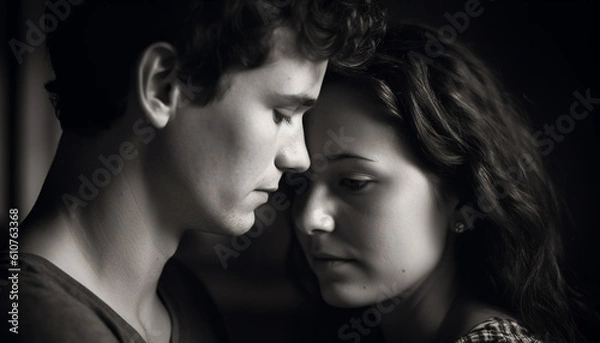 Obraz Young couple embracing outdoors, smiling and looking at each other generated by AI