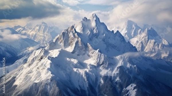 Fototapeta Stunning mountains range covered in a pristine blanket of snow, with jagged peaks piercing through the clouds