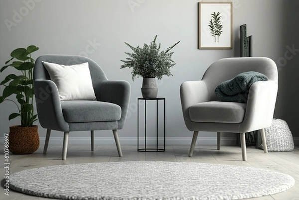 Fototapeta cozy living room with two armchairs and a patterned rug. Generative AI
