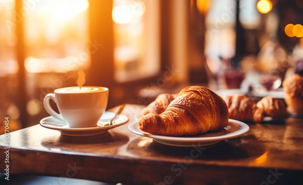 Fototapeta Barista's Delight: Inviting bar table with coffee and croissants, perfect for restaurant menus. Soft lights, create a cozy and relaxing atmosphere.generative AI,