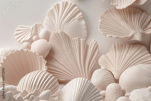 Fototapeta A neutral beige and white seashell background. Generative AI