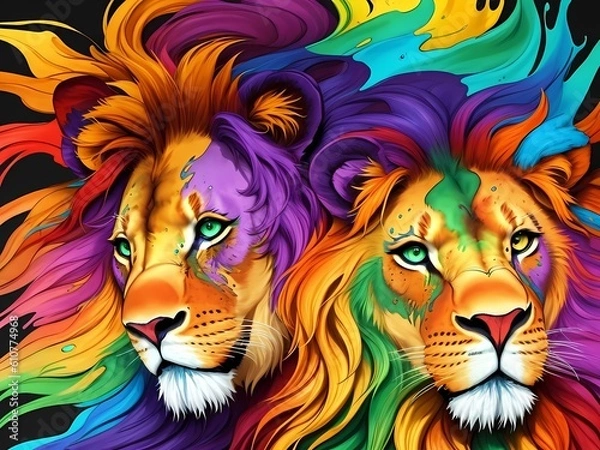 Fototapeta Colorful orange purple green for two lion face portrait head on multicolored background in aquarelle style, creative abstract background with rainbow watercolor fluid liquid painting. Generative AI