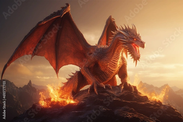 Fototapeta Red giant dragon breathing fire on dark background. Generative AI