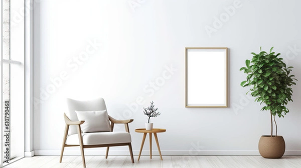 Fototapeta Minimalistisch eingerichtetes Zimmer mit Interieur aus einem Stuhl, Beistelltisch, Pflanze und einem leerem Bilderrahmen an der Wand als Template (Rahmenvorlage) für Poster, Gemälde etc. (Gen. AI)