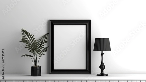Obraz Mockup of a frame Interior with a white wall and a black vertical frame. Generative AI
