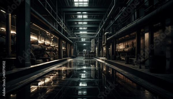 Fototapeta Spooky abandoned factory with modern metal equipment and dim lighting generated by AI
