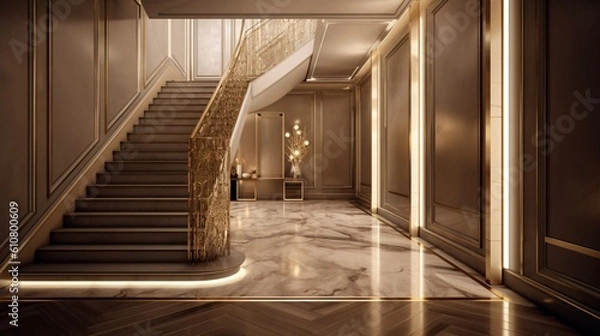 Obraz Modern luxury interior with marble stairs and lights. Hallway or Corridor concept. Created with generative AI