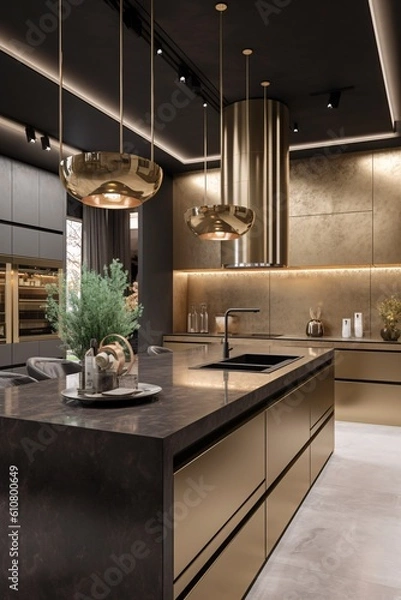 Obraz Modern luxury kitchen with black marble countertop. Gold decorations. Created with generative AI