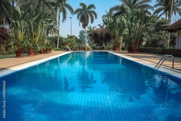 Fototapeta Outdoor swimming pool on a sunny summer day, relaxing in the water, nature in the background. Generative AI