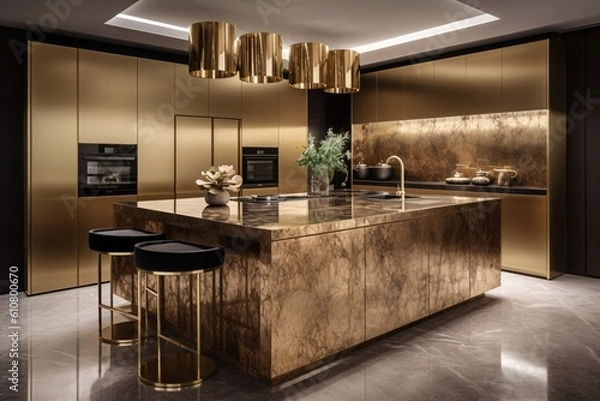 Obraz Luxury kitchen and dining room with gold marble countertop, Modern and prestige interior. Created with generative AI