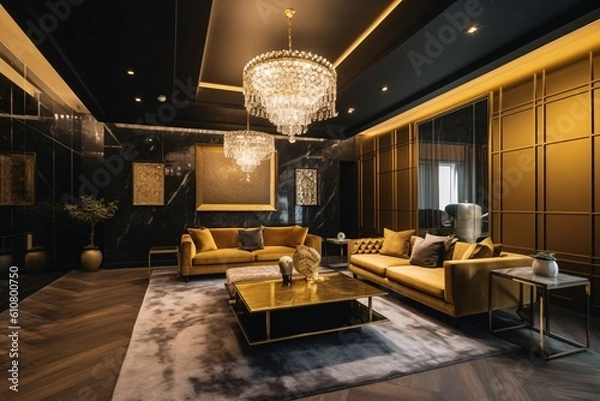 Obraz Luxury living room interior design with gold and black walls. Created with generative AI