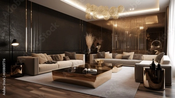 Obraz Luxury modern living room with sofas and coffee table. Gold decorations. Created with generative AI
