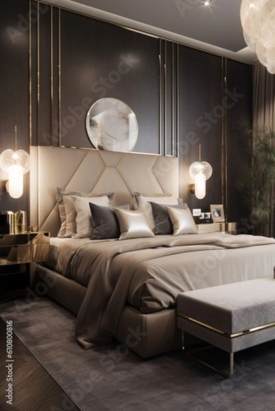 Obraz Interior of luxury bedroom with black and gold walls, concrete floor, comfortable king size bed and golden lamps. Created with generative AI