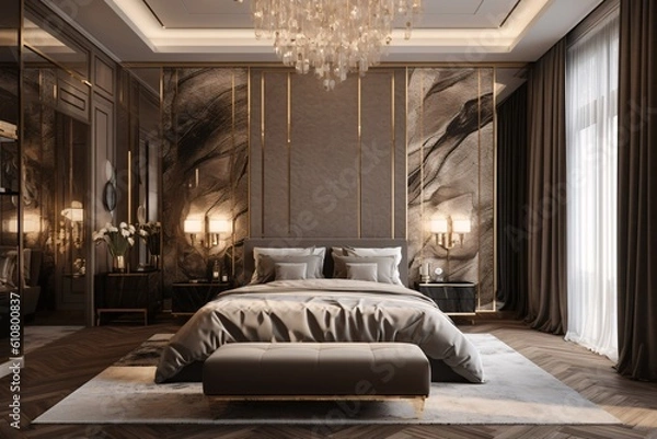 Obraz Luxury bedroom interior design with black and gold decor. Marble tiles. Created with generative AI