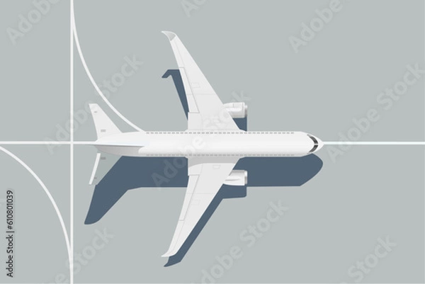 Fototapeta Flying Airplane, Jet Aircraft. Top View. Airplane in runway, airline jet with engines, civil aviation. Plane or airplane, aircraft or passenger airplane, vector. 