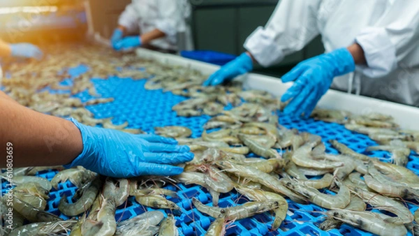 Fototapeta Inspection of farmed shrimp on a conveyor of a shellfish and pranws production plant