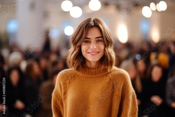 Fototapeta Medium shot portrait photography of a grinning woman in her 30s that is wearing a cozy sweater against an elegant fashion show runway with models background .  Generative AI