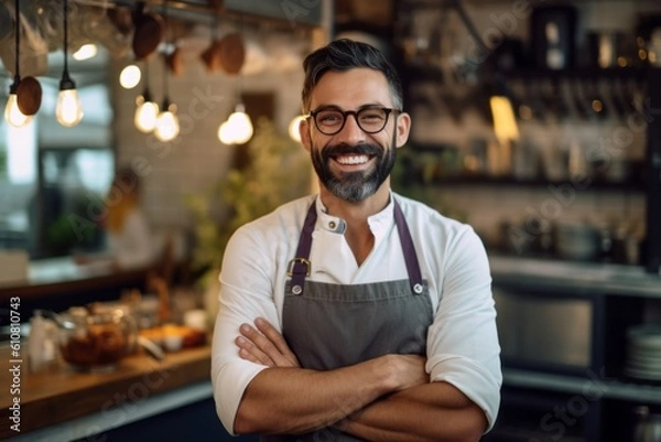Fototapeta Medium shot portrait photography of a grinning man in his 30s that is wearing a chic cardigan against a well-stocked gourmet kitchen with a chef at work background .  Generative AI