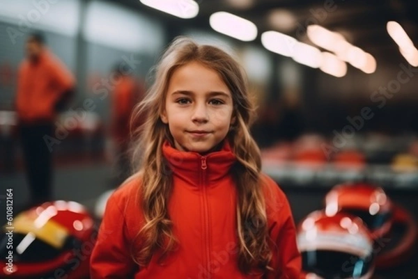 Obraz Medium shot portrait photography of a satisfied child female that is wearing a cozy sweater against an exciting go-kart racing track with drivers competing background .  Generative AI