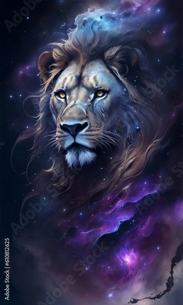Fototapeta Portrait of a lion in space, generative AI