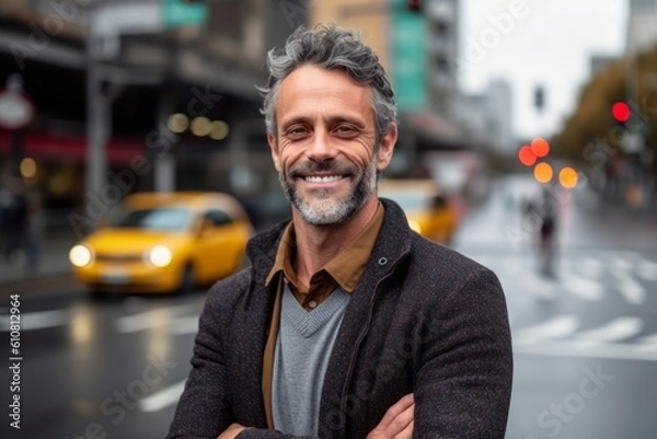 Fototapeta Portrait of a handsome middle aged man smiling at the camera in the city