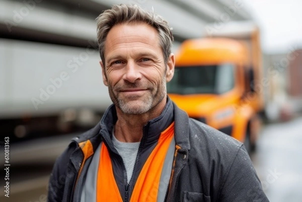 Fototapeta Medium shot portrait photography of a pleased man in his 40s that is wearing a chic cardigan against a construction site or work zone background .  Generative AI