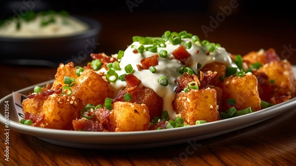 Obraz A platter of loaded tater tots, topped with melted cheese, crispy bacon bits, green onions, and a drizzle of ranch dressing, generative ai