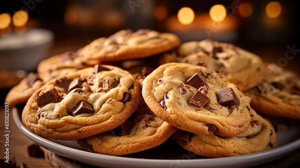 Fototapeta A platter of freshly baked chocolate chip cookies, with gooey chocolate chunks and a soft, chewy center, generative ai