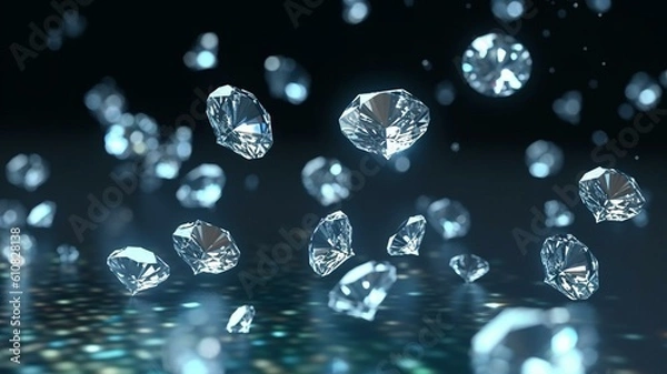 Fototapeta It's raining diamonds. Diamonds falling from above, dark background and depth of field. Beautiful realistic diamond gems in a stream. Wealth demonstration. Expensive lifestyle. Fashion stones.