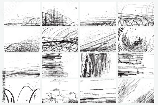 Fototapeta Creative minimalist hand drawing scribbles abstraction art on white background with ink lines stain hatching and hand drawn doodle scribble textures. Design for cards and postcard, poster brochures.