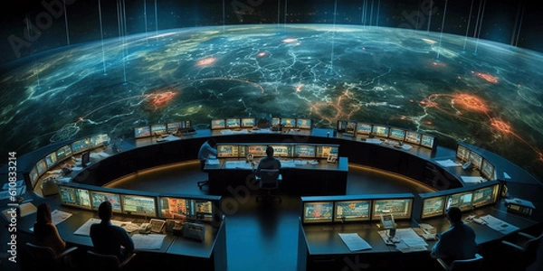 Fototapeta Networks Operation Center With a Broad View of Planet Earth Generative AI