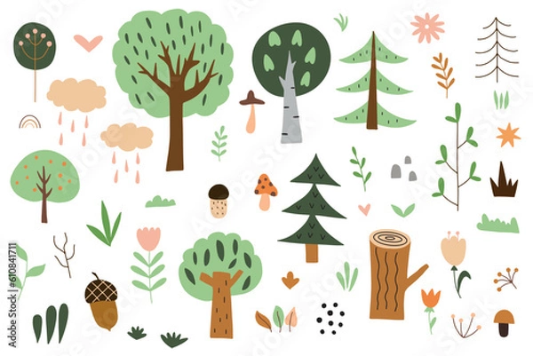 Fototapeta Set of cartoon forest trees. Simple vector set of green trees and nature elements on white background