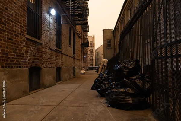 Obraz Old Residential Building Alleyway in Astoria Queens New York with Massive Air Pollution from Wildfires