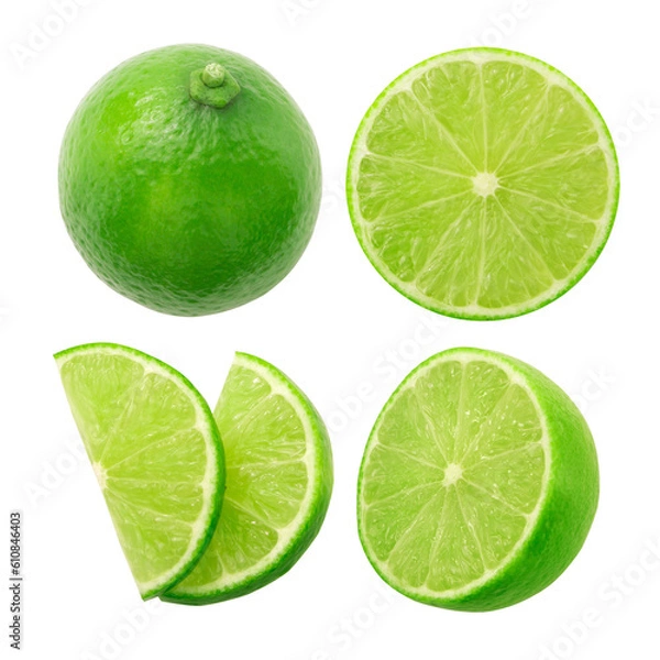 Obraz Lime or green lemon with slice collection isolated on white background.