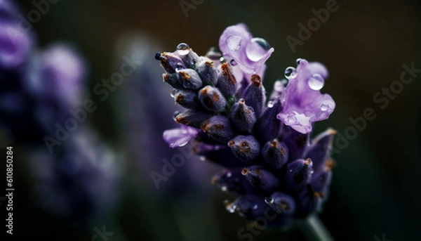 Fototapeta Selectively focused lilac blossom, dew drops glisten generated by AI