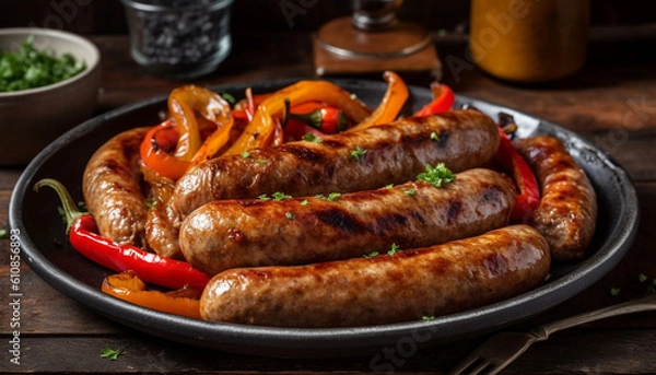 Fototapeta Grilled pork, beef, bratwurst, cooked on barbecue generated by AI