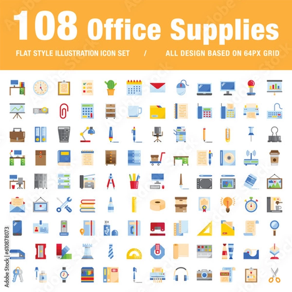 Fototapeta office supplies set of flat style icons for web and applications