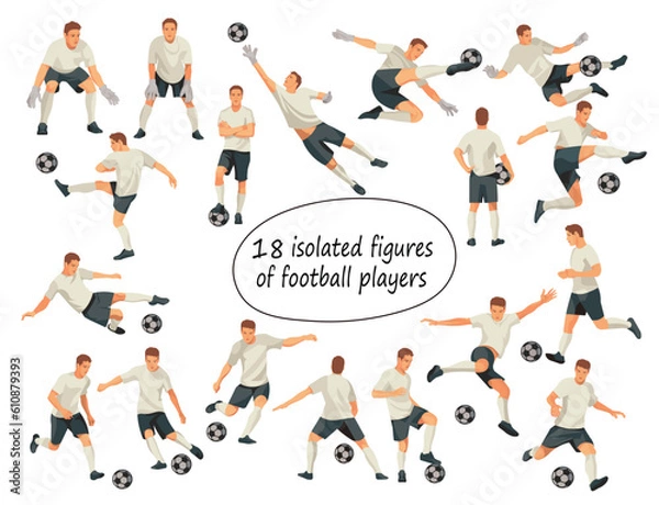 Obraz Set of 18 vector isolated figures of football players and goalkeepers jumping, running, kicking the ball, standing in goal in white uniforms