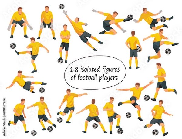 Obraz Set of 18 vector isolated figures of football players and goalkeepers team in yellow sports uniform jumping, running, kicking the ball, standing in goal on white background