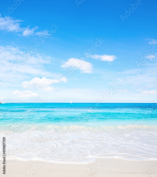Fototapeta Tropical white sand beach and blue sky at summer sunny day.  Idyllic tropical beach scene. 