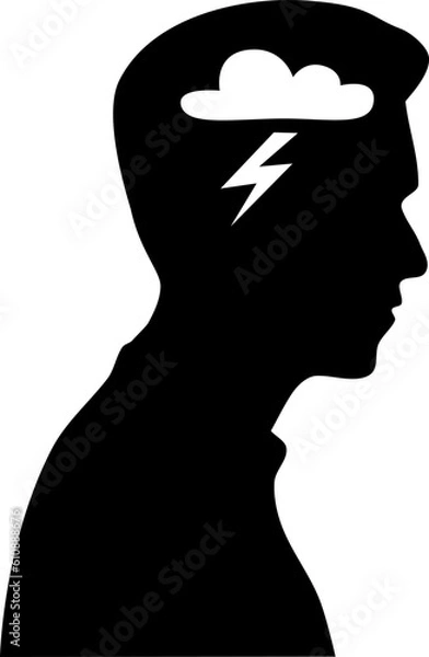 Obraz Mental health problems concept. Black and white profile of a man with a thunderstorm and lightning in his head. Modern illustration of cartoon character flat style isolated on white