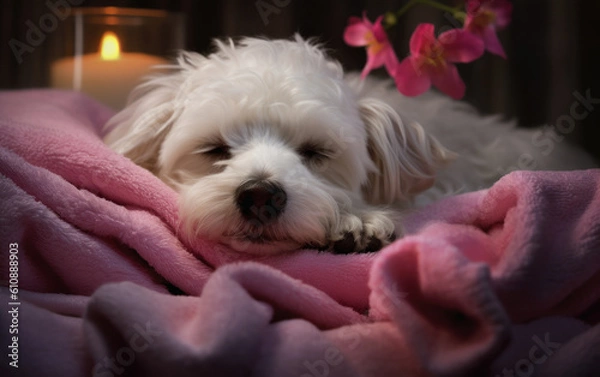 Fototapeta Tranquil Spa Retreat: Sleeping Maltese Dog with Candles and Flowers. Generative AI