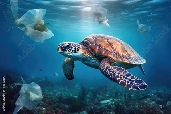 Fototapeta World ocean pollution, Turtle and plastic bags underwater. Generative AI