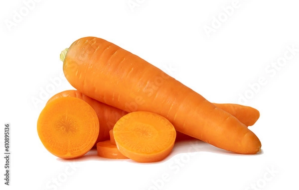 Fototapeta Two fresh orange carrots with slices in stack isolated on white background with clipping path and shadow in png file format Close up of healthy vegetable root