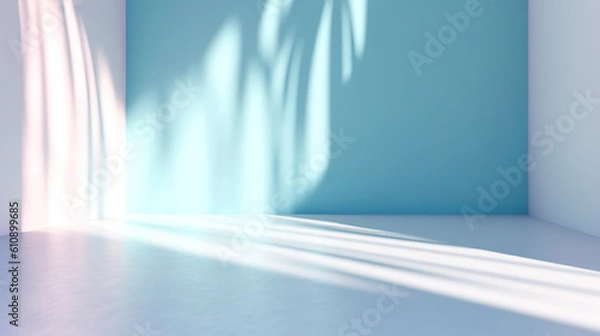 Fototapeta shadows and sunlight on a wall and flooring, pastel colors, shadows of trees and windows, generative ai