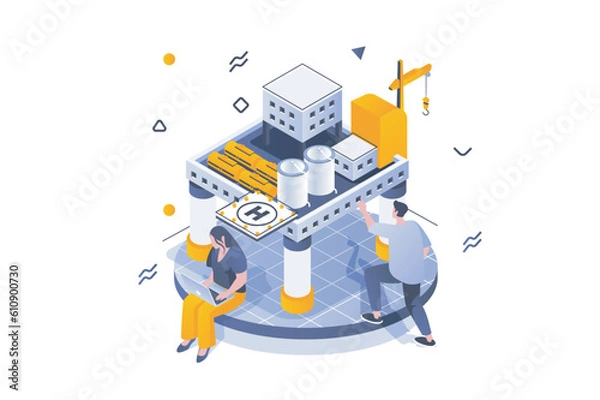 Fototapeta Oil Industry concept in 3d isometric design. Engineers work at industrial plant station with machinery for production and fuel storage. Vector illustration with isometric people scene for web graphic