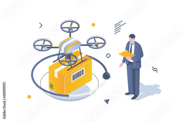 Fototapeta Transportation logistics concept in 3d isometric design. Man uses drone flying delivery service for box shipping and online tracking. Vector illustration with isometric people scene for web graphic