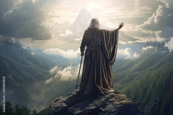 Fototapeta Man standing on top of the mountain and looking at the valley,The man thank God on the mountain.Generative Ai